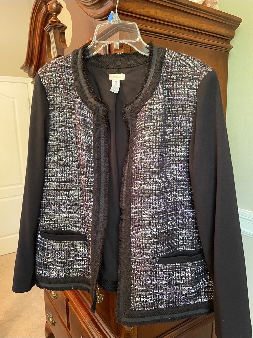 Chico's Black Tweed-Front Open Jacket with Subtle Purple Accents